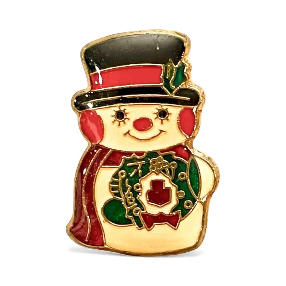 Vintage Gold Tone‎ Enamel Happy Snowman Christmas Tie Lapel Pin Festive Holiday